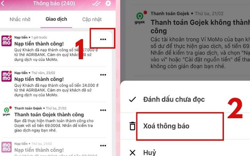 xoa lich su giao dich tren momo